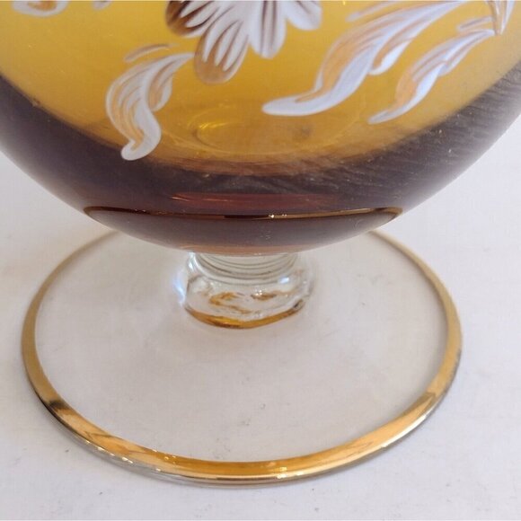 Vtg Italy Hand Blown Glass Wine Decanter Amber Gold White Floral Hand Painted - Picture 11 of 15